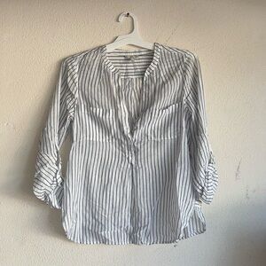 Joie white with blue stripes, partial button down shirt with button up sleeves